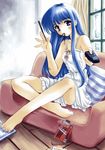  bandaid barefoot blue_eyes blue_hair blush bow controller copyright_request curtains dress eating food highres long_hair makita_yoshiharu mouth_hold pocky remote_control scan solo sundress window 