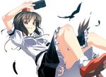  absurdres bird black_hair bobby_socks camera crow expressionless feathers geta hat highres looking_at_viewer panties pantyshot parted_lips red_eyes rokuwata_tomoe shameimaru_aya socks solo striped striped_panties tengu-geta tokin_hat touhou underwear 