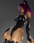 black_legwear bleach blush breasts closed_mouth covered_nipples dark_skin foreshortening gradient gradient_background highleg highleg_leotard highres hips impossible_clothes impossible_shirt kazakami_yuu large_breasts leotard lips long_hair ponytail purple_hair shihouin_yoruichi shirt simple_background solo thighhighs yellow_eyes 