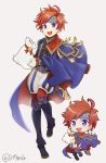  1boy 317_(saina) absurdres blue_eyes boots cape chibi fire_emblem fire_emblem:_fuuin_no_tsurugi fire_emblem_heroes headband highres holding nintendo red_hair roy_(fire_emblem) smile 