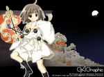  black_legwear brown_eyes brown_hair dress full_moon gagraphic kneehighs koshou_shichimi letterboxed looking_at_viewer moon pom_pom_(clothes) solo standing wallpaper white_dress 