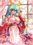  bow breast_lift breasts copyright_request cum cum_on_body garter_belt glasses green_hair hair_bow huge_breasts japanese_clothes kimono kneeling lingerie long_hair milk miwa_yoshikazu nipples no_bra open_mouth ribbon smile solo thighhighs underwear very_long_hair 