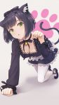  1girl :o all_fours animal_ear_fluff animal_ears bell black_bow black_choker black_dress black_footwear black_hair bow cat_ears cat_girl cat_tail choker collarbone dress foreshortening frilled_sleeves frills full_body green_eyes grey_background hair_bow head_tilt highres hyuuga_azuri jingle_bell lace_trim long_sleeves looking_at_viewer mary_janes original pantyhose parted_lips paw_background paw_pose ribbon_choker shadow shoes short_hair solo tail white_legwear 