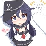  1girl admiral_(kantai_collection) akatsuki_(kantai_collection) anchor_symbol bangs black_hat black_sailor_collar black_skirt blush colored_shadow commentary_request drop_shadow eyebrows_visible_through_hair flat_cap gloves hair_between_eyes hands_up hat heart highres ichi kantai_collection long_hair long_sleeves looking_at_viewer neckerchief open_mouth pleated_skirt pov purple_eyes purple_hair red_neckwear sailor_collar shadow shirt skirt solo_focus sweat tears translation_request very_long_hair wall_slam white_background white_gloves white_shirt 