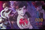  3boys belial_(granblue_fantasy) black_hair black_sclera body_markings facial_mark fingerless_gloves gloves granblue_fantasy horns licking_lips looking_at_viewer male_focus military military_uniform minaba_hideo multiple_boys multiple_persona official_art red_eyes snake tongue tongue_out uniform 