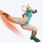  blonde_hair blue_leotard braid cammy_white garrison_cap hat honyata kicking legs leotard long_hair solo street_fighter 