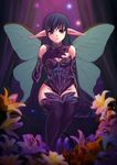  black_hair elbow_gloves fairy fairy_wings flower genshi gloves lily_(flower) long_hair original pointy_ears red_eyes sitting solo thighhighs very_long_hair wings 