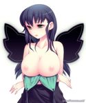  blue_hair breast_hold breasts copyright_request crossed_arms cruccu eyeshadow green_eyes large_breasts long_hair makeup solo wings 