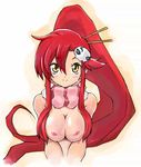  blush breasts cleavage hair_ornament hazy_vanity high_ponytail large_breasts long_hair looking_at_viewer nipples nude red_hair scarf skull_hair_ornament smile solo tengen_toppa_gurren_lagann upper_body very_long_hair white_background yellow_eyes yoko_littner 