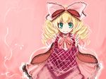  apron blonde_hair bow closed_mouth dress frills hair_bow hina_ichigo long_hair long_sleeves looking_at_viewer pink_background pink_bow red_dress rozen_maiden simple_background smile solo twintails ushiki_yoshitaka wide_sleeves 