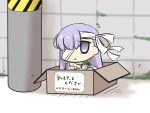  1girl :x bandage bandaged_arm bandaged_head bandages box cardboard_box chibi commentary_request fate_(series) goma_(gomasamune) hair_over_one_eye hazard_stripes highres kingprotea knees_up leg_hug long_hair moss one_eye_covered purple_eyes purple_hair shadow sign sitting solo translation_request utility_pole wall 