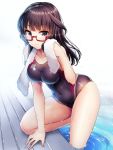  1girl agatsuma_kaede alice_gear_aegis bangs black_eyes black_hair black_swimsuit breasts closed_mouth collarbone commentary_request competition_swimsuit covered_navel doyouwantto dripping eyebrows_visible_through_hair glasses highres large_breasts long_hair looking_at_viewer one-piece_swimsuit pool poolside red-framed_eyewear semi-rimless_eyewear shiny shiny_hair smile solo swimsuit taut_clothes taut_swimsuit towel towel_around_neck under-rim_eyewear wet wet_clothes wet_swimsuit white_towel 