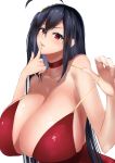 1girl absurdres ahoge azur_lane bangs bare_shoulders black_hair blush breasts choker cleavage cocktail_dress collarbone dress dress_tug eyebrows_visible_through_hair finger_to_mouth hair_between_eyes hair_ornament highres huge_breasts large_breasts long_hair looking_at_viewer open_mouth red_choker red_dress red_eyes simple_background smile solo taihou_(azur_lane) taihou_(forbidden_feast)_(azur_lane) tokorotn very_long_hair white_background 