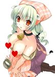  animal_ears bell bell_collar breasts censored collar cow_ears cow_girl cow_tail green_hair hat heart heart_censor kneeling lactation large_breasts long_hair milk ninoko original plaid red_eyes slit_pupils solo sweat tail 