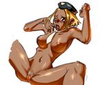  armpits blonde_hair blush breasts clitoris dark_skin flcl hat kitsurubami large_breasts navel necktie nipples non-web_source nude one_eye_closed open_mouth pubic_hair pussy pussy_juice red_eyes short_hair solo spread_legs tongue uncensored 