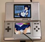  98-tan black_legwear fake_screenshot handheld_game_console nintendo_ds non-web_source os-tan panties product_placement solo stylus thighhighs third-party_edit translation_request underwear white_panties 