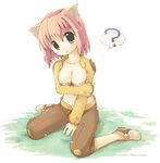  :o ? animal_ears between_legs blush bow breasts cat_ears cleavage emoticon emurin eyes_visible_through_hair full_body green_eyes hand_between_legs head_tilt large_breasts looking_at_viewer no_socks pink_hair ragnarok_online shoes short_hair simple_background sitting solo thief_(ragnarok_online) wariza 