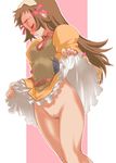  blush bottomless brown_hair hair_ribbon no_panties pussy re_mii ribbon seki_suzume skirt skirt_lift solo zoids zoids_genesis 