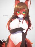  &lt;3 &lt;3_marking 2020 anthro belly big_breasts blush breasts brown_hair canid canine ear_tuft female fluffy fluffy_tail fox fur gloves_(marking) green_eyes grey_background hair hi_res kemono long_hair looking_at_viewer mammal markings multicolored_body multicolored_fur navel nude red_body red_fur satoss simple_background solo standing tuft two_tone_body two_tone_fur white_body white_fur 
