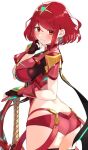  aegis_sword_(xenoblade) bangs black_gloves breasts chest_jewel earrings fingerless_gloves gloves highres jewelry kinagi_(3307377) large_breasts pyra_(xenoblade) red_eyes red_hair red_legwear red_shorts short_hair short_shorts shorts swept_bangs sword thighhighs tiara weapon xenoblade_chronicles_(series) xenoblade_chronicles_2 