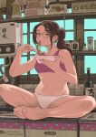  1girl black_hair bra catcar0983 chain chopsticks commentary_request eating food full_body glasses highres indian_style long_hair looking_at_viewer navel noodles original panties ponytail purple_bra shelf sitting solo underwear underwear_only white_panties window 