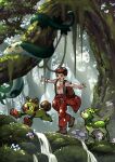  1boy alternate_costume amakara000 amoonguss backpack bag black_hair boots brown_bag celebi clothes_around_waist day deerling expedition_uniform forest gen_2_pokemon gen_5_pokemon gen_8_pokemon helmet highres jacket jacket_around_waist male_focus moss mushroom mythical_pokemon nature open_mouth orange_pants outdoors outstretched_arms pokemon pokemon_(creature) pokemon_(game) pokemon_swsh serperior shirt short_hair short_sleeves smile standing symbol_commentary t-shirt teeth thwackey tree victor_(pokemon) walking water white_shirt 