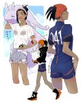  1girl bag black_hair blue_eyes blue_shirt blue_shorts blush_stickers closed_eyes collared_shirt commentary_request dark_skin dark_skinned_female earrings eyelashes gen_4_pokemon gen_6_pokemon genderswap genderswap_(mtf) goodra grey_shorts hair_bun holding holding_poke_ball jewelry knees multiple_views musical_note number oketsu_fumio open_mouth orange_headwear outline paper_bag poke_ball pokemon pokemon_(creature) pokemon_(game) pokemon_swsh raihan_(pokemon) rotom rotom_phone shirt short_hair short_sleeves shorts side_slit side_slit_shorts smile standing translation_request ultra_ball white_shirt |d 