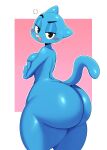  2019 absurd_res angry anthro big_butt blue_body blue_fur bodily_fluids bottomwear breasts butt cartoon_network clothing domestic_cat duo edit felid feline felis female fur half-closed_eyes hi_res huge_butt looking_at_viewer looking_back mammal mature_anthro mature_female narrowed_eyes nicole_watterson nipples open_mouth patreon simple_background skirt solo son sssonic2 sweat sweatdrop the_amazing_world_of_gumball thick_thighs whiskers 