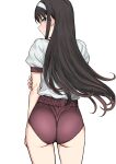  1girl ass back bangs blue_eyes blush brown_buruma brown_hair buruma hairband highres long_hair looking_at_viewer looking_back shirt short_sleeves thighs tohno_akiha tsukihime tsurui white_hairband white_shirt 