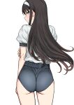  1girl ass back bangs blue_buruma blue_eyes blush brown_hair buruma hairband highres long_hair looking_at_viewer looking_back shirt short_sleeves thighs tohno_akiha tsukihime tsurui white_hairband white_shirt 