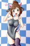  1girl animal_ears black_legwear black_swimsuit blurry breasts brown_hair cat_ears cat_tail checkered checkered_background competition_swimsuit cowboy_shot depth_of_field fangs green_eyes haruno_yomogi highres idolmaster idolmaster_cinderella_girls looking_at_viewer maekawa_miku medium_breasts one-piece_swimsuit paw_pose ponytail solo standing standing_on_one_leg swimsuit tail thighhighs 