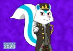  acidskunkwolf anthro clothing cosplay gesture hi_res jacket jojo&#039;s_bizarre_adventure male mammal mephitid pointing pose skunk solo topwear 