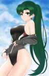  1girl black_jacket black_swimsuit blue_sky cloud competition_swimsuit cowboy_shot fire_emblem fire_emblem:_the_blazing_blade green_eyes green_hair highleg highleg_swimsuit highres jacket kocha_(jgug7553) long_hair looking_at_viewer lyn_(fire_emblem) one-piece_swimsuit ponytail sky solo swimsuit 