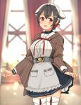  1girl adapted_costume annin_musou belt black_hair black_skirt blush breasts brown_shawl buttons cowboy_shot curtains eyebrows_visible_through_hair hair_between_eyes hair_flaps hair_ornament hairclip jingei_(kancolle) kantai_collection large_breasts long_hair long_sleeves open_mouth pleated_skirt red_eyes shawl skirt smile solo thighhighs white_legwear 