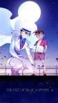  2boys bangs blue_eyes blue_shirt blurry blurry_background brown_footwear brown_hair cape child closed_mouth collared_shirt commentary_request copyright_name dress_shirt edogawa_conan english_text formal full_body full_moon glint gloves hair_between_eyes hands_in_pockets hat highres jacket kaitou_kid long_sleeves looking_at_viewer looking_down magic_kaito male_focus maruko_11 meitantei_conan monocle monocle_chain moon multicolored_shirt multiple_boys necktie night night_sky no_eyewear open_clothes open_shirt outdoors pants railing red_neckwear red_shirt sandals serious shirt shoes short_hair short_sleeves shorts sky smile squatting standing star_(sky) starry_sky suit tan top_hat white_cape white_footwear white_gloves white_headwear white_jacket white_pants white_shirt white_suit 
