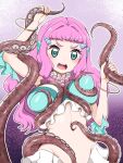  1girl aqua_eyes bracelet breast_squeeze breasts commentary_request head_fins highres jewelry large_breasts laura_(precure) long_hair mermaid midriff monster_girl navel open_mouth pink_hair precure solo stomach teeth tentacles tropical-rouge!_precure upper_teeth zootan 