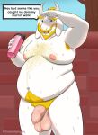  anthro asgore_dreemurr bodily_fluids bovid caprine foreskin goat hi_res male mammal overweight pubes slightly_chubby solo speech_bubble sweat text treebarkdragon undertale video_games 