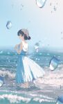  1girl agas_(vpwt7475) bangs bare_shoulders black_hair blue_eyes closed_mouth dress earrings eyebrows hand_on_own_chest highres jewelry ocean original short_hair sleeveless solo standing tears water water_drop waves 