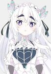  1girl black_ribbon blush chaika_trabant commentary_request eyebrows_visible_through_hair flower grey_background hair_ribbon hitsugi_no_chaika ixy long_hair looking_at_viewer purple_eyes ribbon rose simple_background solo thick_eyebrows white_flower white_hair white_rose 