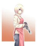  1girl absurdres android apron blonde_hair blue_eyes expressionless gun hair_between_eyes handgun highres holding holding_gun holding_weapon housewife ishiyumi joints long_sleeves mechanical_arms mechanical_buddy_universe mechanical_legs pistol polka_dot polka_dot_background robot_joints science_fiction short_hair solo sweater turtleneck turtleneck_sweater weapon 
