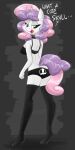  absurd_res anthro bone bra butt_pose clothing collar dialogue english_text equid equine female flutterthrash friendship_is_magic hi_res horn legwear mammal my_little_pony panties pose skull solo spiked_collar spikes stockings sweetie_belle_(mlp) text underwear unicorn 