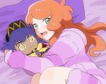  1girl :d bed_sheet blush character_doll commentary doll eyebrows_visible_through_hair eyelashes green_eyes hair_down head_on_pillow holding holding_doll leon_(pokemon) long_hair long_sleeves looking_at_viewer open_mouth orange_hair pajamas pillow pokemon pokemon:_twilight_wings pokemon_(game) pokemon_swsh rem_sora410 shiny shiny_skin smile solo sonia_(pokemon) tongue upper_teeth 