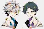  2boys alternate_eye_color black_hair blue_shirt close-up closed_mouth collarbone collared_shirt colorful crescent_moon cropped_shoulders dress_shirt eyebrows_visible_through_hair eyes_visible_through_hair grey_background grey_hair hairpods happy highres ikari_shinji light_smile looking_at_viewer male_focus mizuki_tsukimori moon multicolored_hair multicolored_shirt multiple_boys nagisa_kaworu neon_genesis_evangelion parted_lips purple_shirt shiny shiny_hair shirt side-by-side simple_background spiked_hair streaked_hair tsurime undershirt white_shirt yellow_eyes 