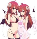  2girls :o :q ahoge angel_wings arm_tattoo asymmetrical_docking bikini black_bikini black_choker black_legwear breast_press breasts choker commentary_request covered_nipples curled_horns demon_girl demon_horns demon_tail demon_wings dress dual_persona eyebrows_visible_through_hair heart heart_tattoo highres horns large_breasts long_hair looking_at_viewer machikado_mazoku mel_(melty_pot) multiple_girls naughty_face red_eyes red_hair simple_background sweat swimsuit tail tattoo thighhighs tongue tongue_out white_background white_dress wings yoshida_yuuko_(machikado_mazoku) 