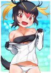  1girl :d bangs bare_shoulders black_hair blonde_hair breasts cleavage clothes_pull commentary covered_nipples cowboy_shot eyebrows_visible_through_hair hair_between_eyes headphones highres kemono_friends looking_at_viewer masuyama_ryou medium_breasts multicolored_hair off_shoulder open_mouth panties red_eyes red_hair rockhopper_penguin_(kemono_friends) shirt_pull short_hair smile solo tail two_side_up underwear water_drop wet white_panties 