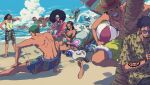  2girls 6+boys afro annoyed aqua_hair arm_tattoo back barefoot beach beach_chair beach_umbrella bepo bikini black_hair blonde_hair blue_sky brook camisole closed_eyes day dutch_angle extra_arms eyewear_on_head fan fishman franky friends furry green_hair grin hat height_difference highres impossible_hair jet_ski jimbei long_hair looking_at_another lying male_swimwear monkey_d._luffy multiple_boys multiple_girls nami_(one_piece) nico_robin ocean on_back one_piece outdoors penguin_(one_piece) pointing pointing_at_self roronoa_zoro sanji scar scar_on_cheek scar_on_face shachi_(one_piece) shirt short_hair shorts sitting skeleton skull sky smile splashing standing straw_hat stretch summer sunglasses swimsuit swimwear tattoo toes tongue tongue_out tony_tony_chopper umbrella usopp v-shaped_eyebrows water x_x zhi_(okkyoyo) 