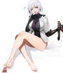  1girl absurdres bangs bar_censor barefoot black_gloves black_legwear breasts censored cum cum_on_feet dokomon elbow_gloves erection feet footjob girls_frontline gloves handjob highres jacket large_breasts penis penis_in_thighhigh purple_eyes rpk-16_(girls_frontline) short_hair short_sleeves silver_hair sitting solo_focus thighhighs_removed white_jacket 