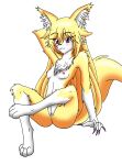  anthro belly blonde_hair blush breasts butt canid canine canis chest_tuft claws female fox fur genitals gloves_(marking) hair hand_behind_head hi_res inner_ear_fluff leg_markings long_hair looking_at_viewer mammal markings nikku_lunatique nipples nude ouko purple_claws purple_eyes pussy simple_background sitting small_breasts socks_(marking) solo tuft white_background white_belly yellow_body yellow_fur 