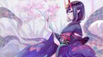  1girl bangs black_kimono bob_cut breasts eyeliner fate/grand_order fate_(series) floral_print headpiece highres horn_ornament horn_ring horns japanese_clothes kimono long_sleeves looking_at_viewer lostroom_outfit_(fate) makeup obi oni oni_horns purple_eyes purple_hair sash short_hair shuten_douji_(fate) skin-covered_horns small_breasts smile taitaip wide_sleeves 