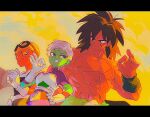  1girl 2boys abs armor backlighting beanie belt black_belt black_eyes black_hair black_wristband bodysuit breasts broly_(dragon_ball_super) cheelai clenched_teeth closed_mouth cloud cloudy_sky colored_sclera colored_skin commentary day domu_(hamadura) dragon_ball dragon_ball_super dragon_ball_super_broly expressionless facing_viewer gloves goggles goggles_on_head green_skin grey_hair grin hand_on_hip hand_up hat lemo_(dragon_ball) letterboxed light_smile lineup looking_at_another looking_back looking_down medium_breasts medium_hair multiple_boys muscular muscular_male nipples ok_sign orange_skin outdoors pectorals purple_bodysuit purple_eyes scar scar_on_cheek scar_on_chest scar_on_face shirtless short_hair signature sky smile spiked_hair sunlight symbol_commentary teeth tsurime v-shaped_eyebrows very_short_hair white_gloves wristband yellow_headwear yellow_sclera yellow_sky 